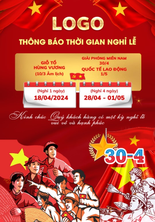 Holiday announcement for Vietnam’s Reunification Day and International Workers' Day banner poster social, poster thông báo lịch nghỉ lễ Ngày Thống nhất